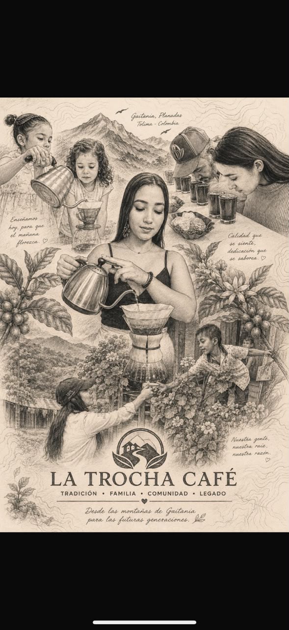 La Trocha Café - Familie, traditie en de liefde voor koffie in Gaitania, Colombia. Een prachtige illustratie van families die samen koffie verbouwen en bereiden.
